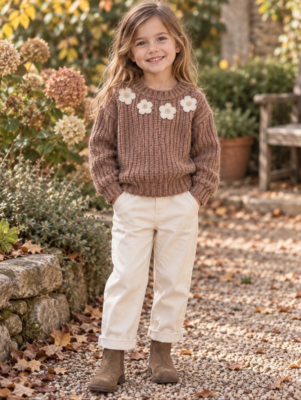 Zara Brown Floral-Appliqué Rib Knit Sweater | 4Y